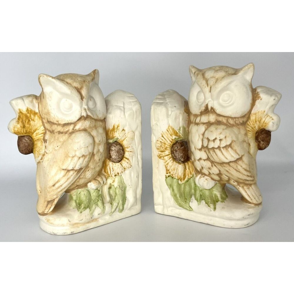Vintage‎ Pair of Yellow Ceramic Owl & Sunflower Bookends Japan